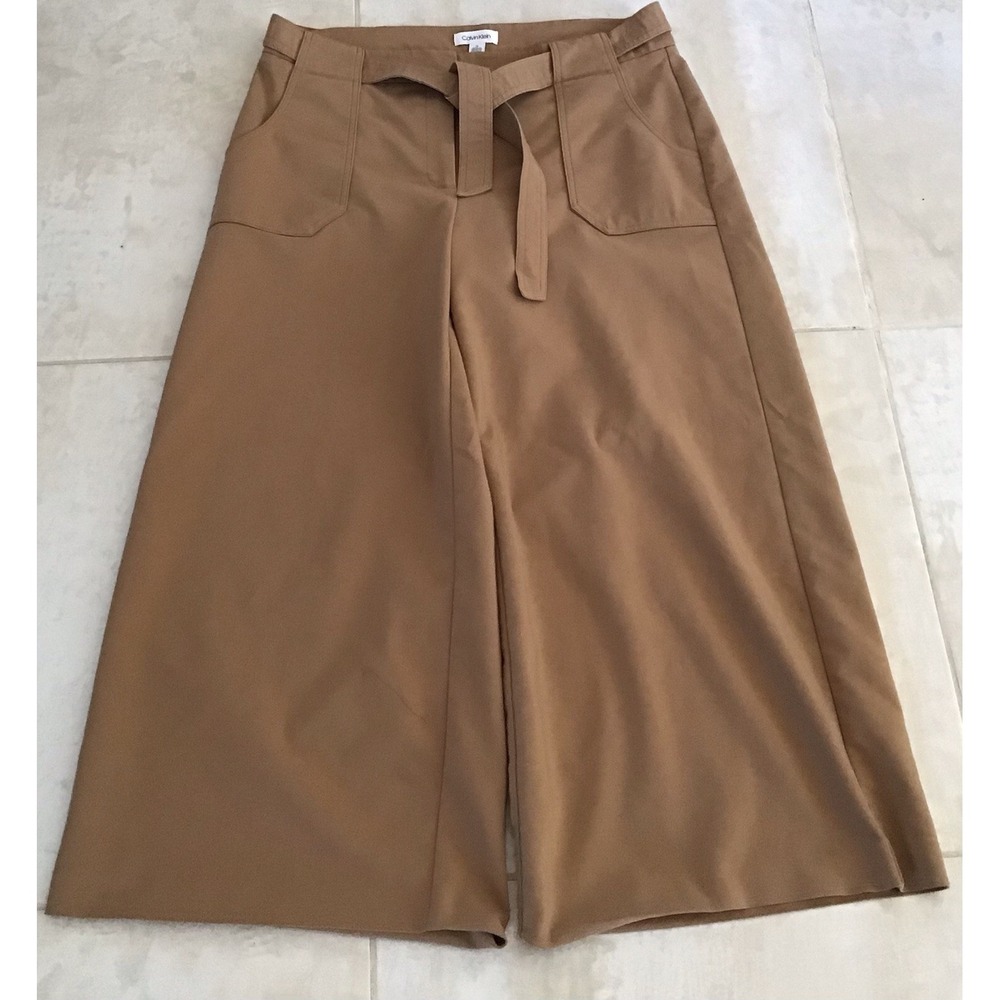 Calvin Klein Womens 12 Tan Palazzo Flared Wide Leg Pants Tie Belt Pockets READ‎